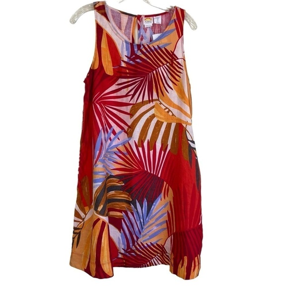 NWT C&C California 100% Linen Shift Dress Red w Tropical Print Beach Summer Sz S - Picture 2 of 16